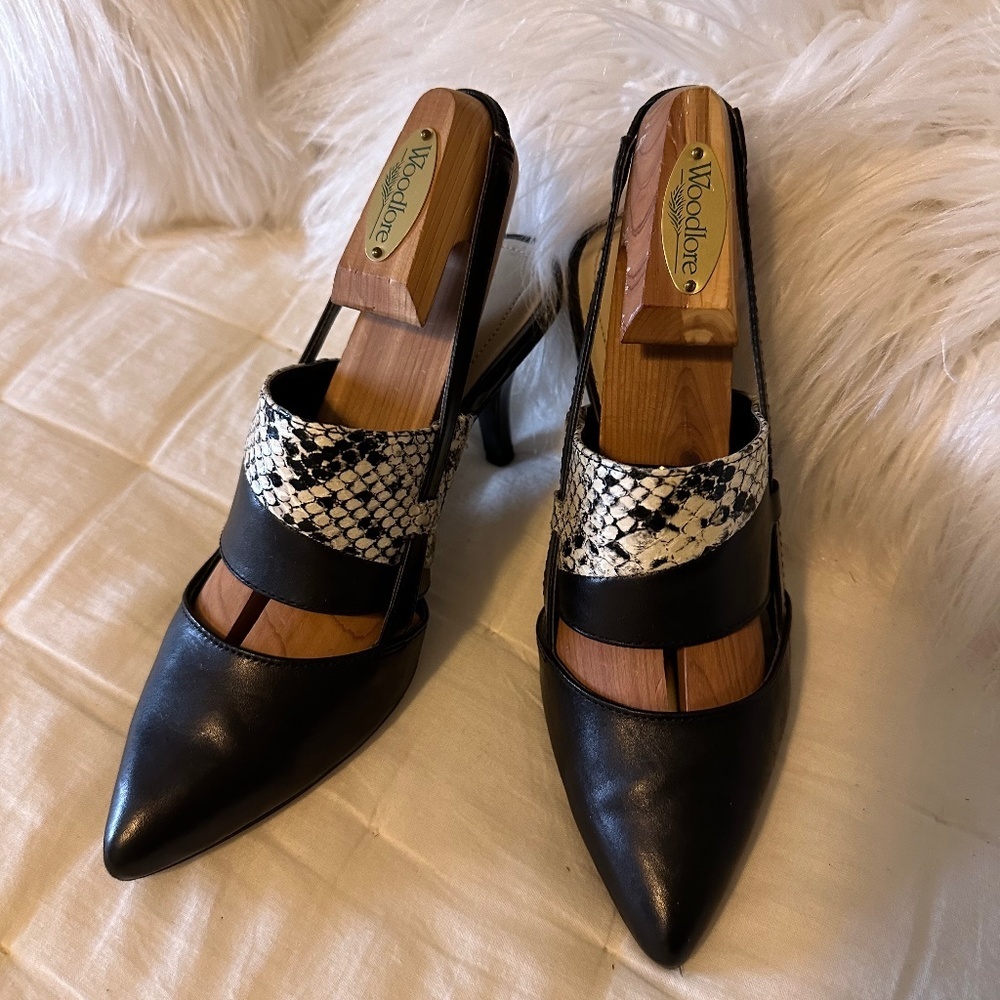 Ellen Tracy Black and Snake Print Bello Leather Sling Back Heels Cut Out Size 7 - Picture 3 of 16